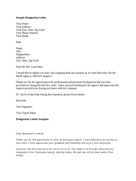 Sample Resignation Letter Employment Labour
