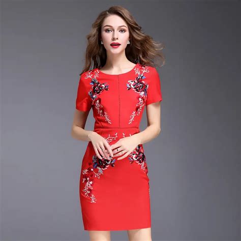 Buy Women Summer Pencil Dress Office Ladies Embroidery Floral Pattern Blue Red