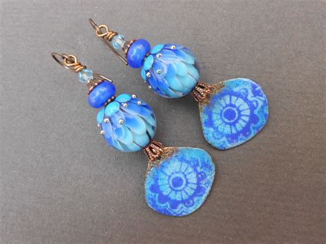 Boho earrings,Mandala earrings,Floral earrings,OOAK earrings,Lampwork earrings,Summer earrings 