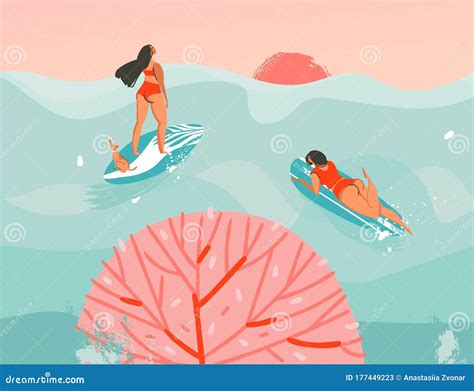 Hand Drawn Vector Stock Abstract Graphic Illustration With A Swimming Surfer Girls In Ocean