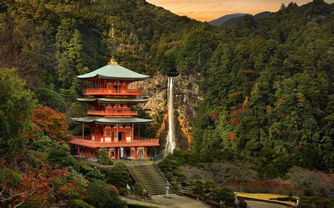 Foto Japan Natur Wasserfall Wälder Tempel 1920x1200