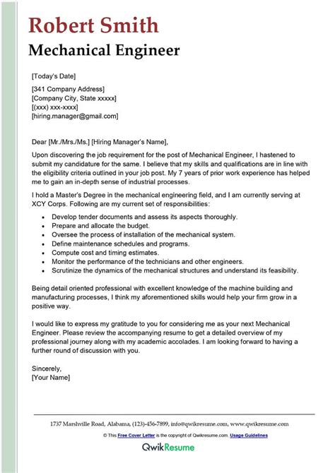 Mechanical Engineer Cover Letter Examples Qwikresume