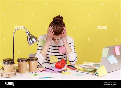 Tired Exhausted Overworked Woman Office Worker Covered With Sticky