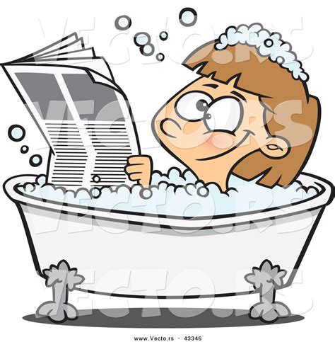 vector of a happy cartoon girl reading the newspaper while soaking in a hot bubbly bath tub by