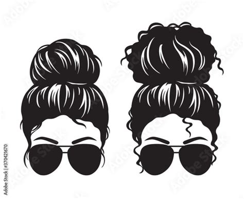 Vector Illustration Of Straight And Curly Hair Woman With Messy Buns