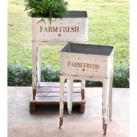 Vintage Inspired Farm Fresh Metal Planters With Stands Set Of 2