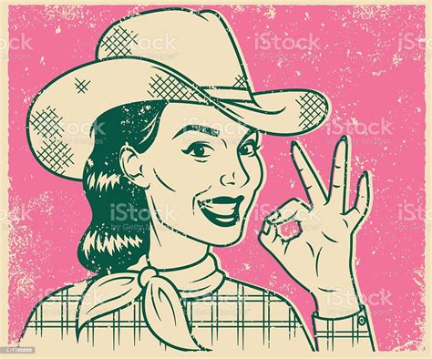 Retro Screen Print Smiling Cowgirl Line Art Illustration Stock