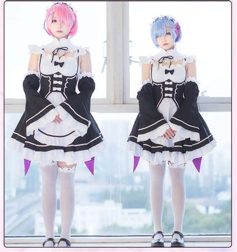 re zero kara hajimeru isekai seikatsu rem ram cosplay costume black and white maid dress halloween