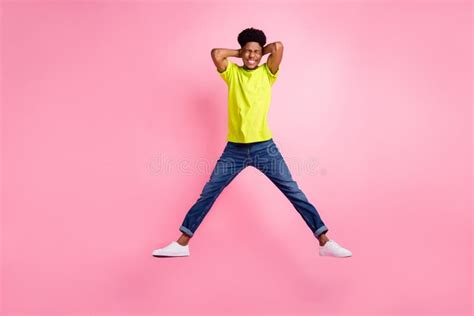 Full Length Body Size View Of Attractive Cheerful Crazy Guy Jumping