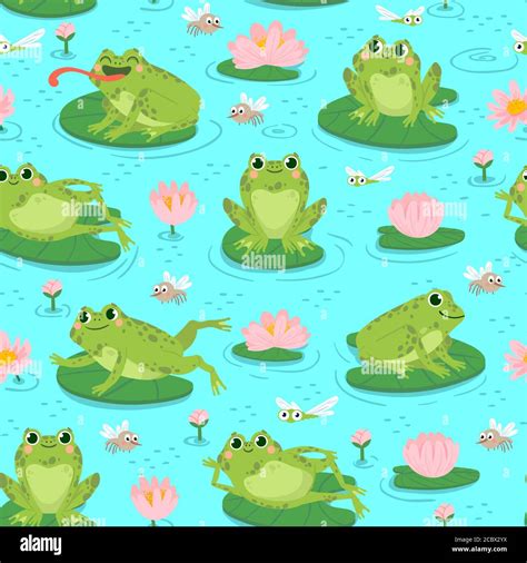 Frog Seamless Pattern Repeating Cute Frogs And Aquatic Plants Baby