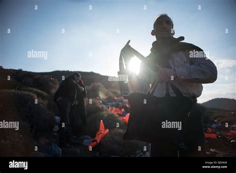 Refugees Arriving On The Shores Of Efthalou Lesbos In Greece Stock