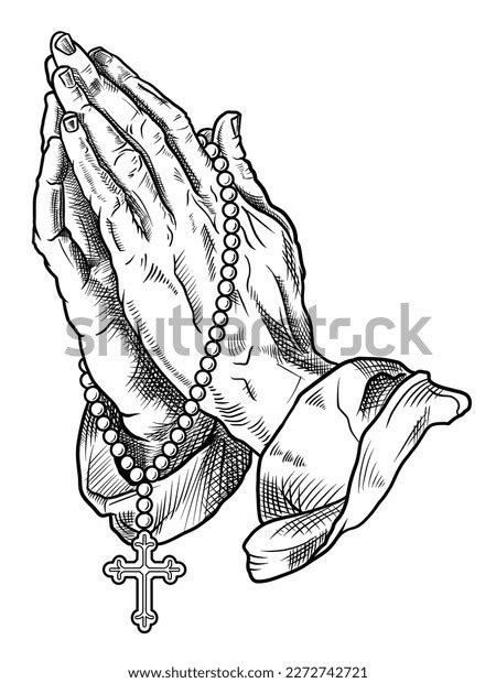 Praying Hands Rosary Line Drawing Handdrawn Stock Illustration