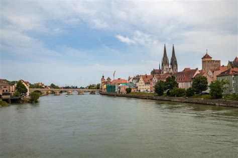 Panorama View Of The Stone Bridge And Historical Old Town Of Regensburg
