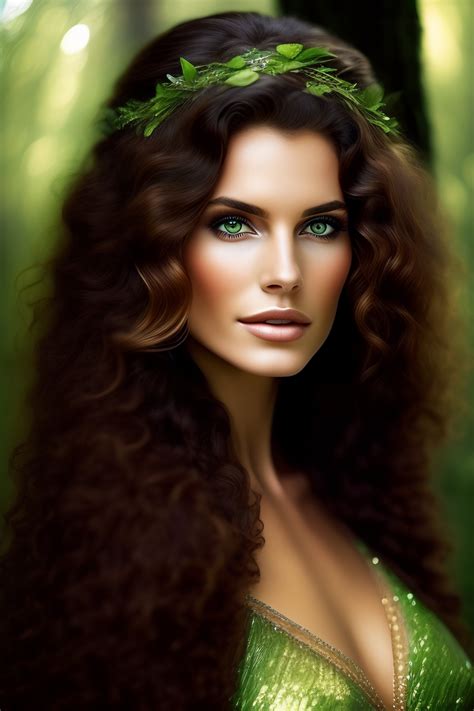 lexica brunette wild hair greenish eyes full body forest woman