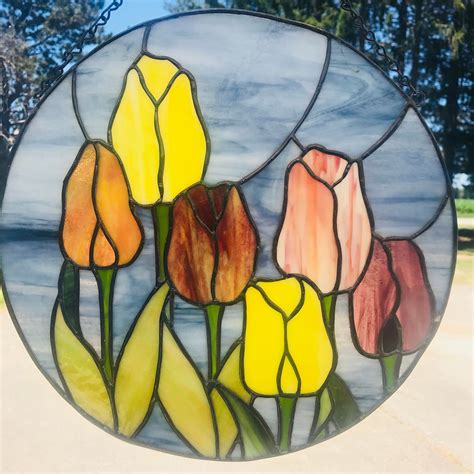 Stained Glass Tulips In Blue Sky Etsy Stained Glass Tulips Blue Sky