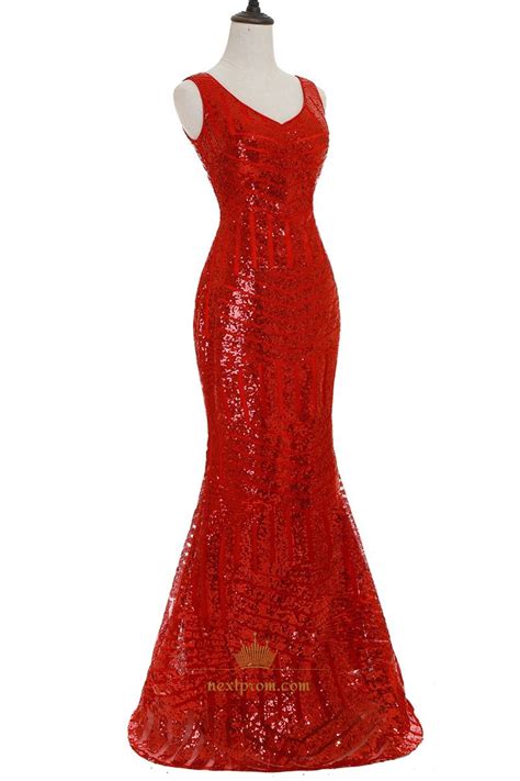 Red Sequin V Neck Sleeveless Mermaid Long Formal Dress With Sheer Back Next Prom Dresses