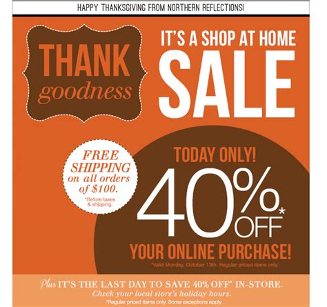 Limited time free shipping with a minimum purchase of $2,000. Northern Reflections Canada Thanksgiving Sale: Save 40% ...