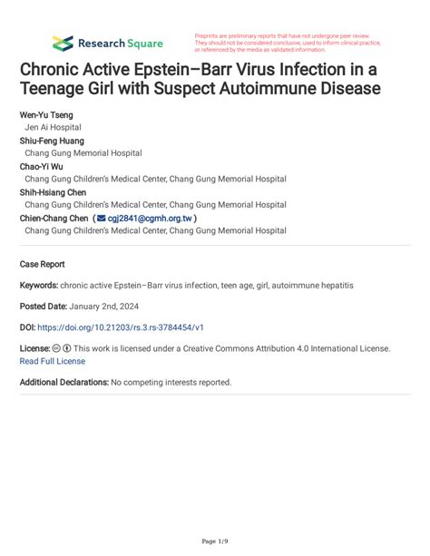 Pdf Chronic Active Epsteinbarr Virus Infection In A Teenage Girl