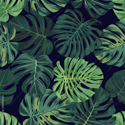 Vector Seamless Pattern With Green Monstera Palm Leaves On Dark