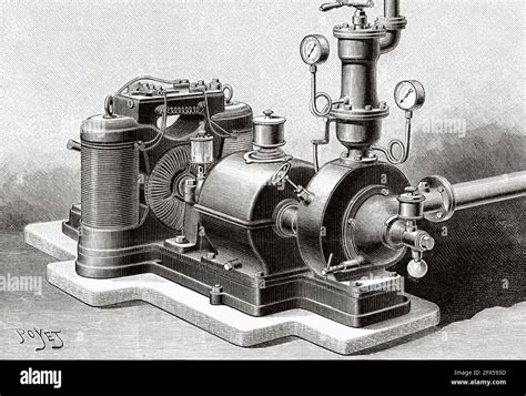 Turbina de vapor Laval Antigua ilustración del siglo 19th grabada de