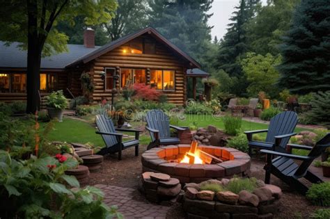 A Log Cabin With A Fire Pit And Log Seats In The Yard Stock Image