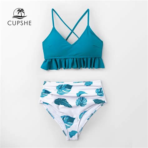 Cupshe Blue And Leaf Print Ruffled Bikini Sets Women Sexy Lace Up Two