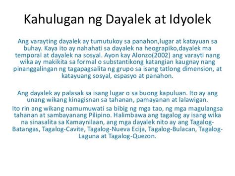 Kahulugan Ng Dayalek At Idyolek