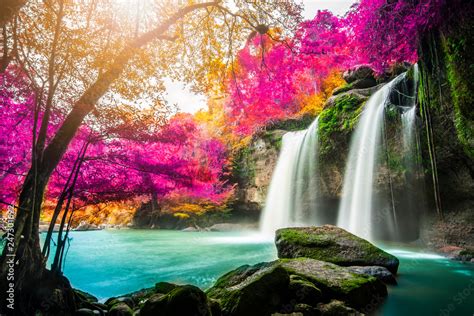 Amazing In Nature Beautiful Waterfall At Colorful Autumn Forest In
