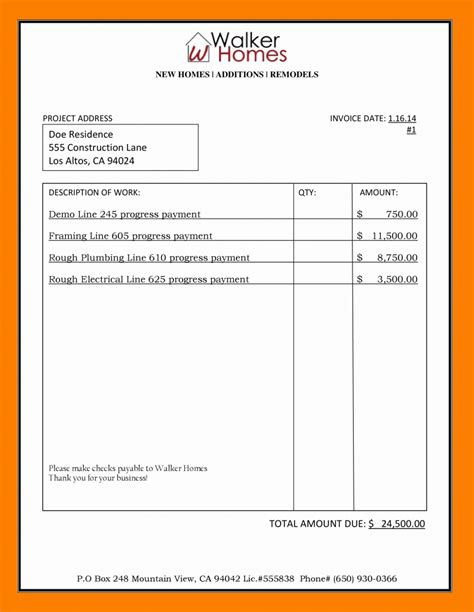Construction Invoice Example Template Business Format