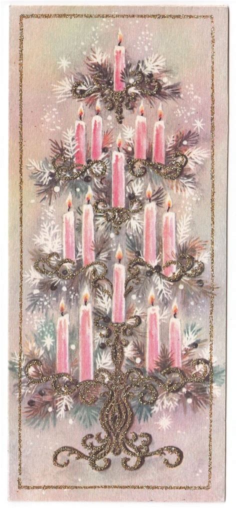 Vintage Greeting Card Christmas Pink Candles Glittered Mid Century