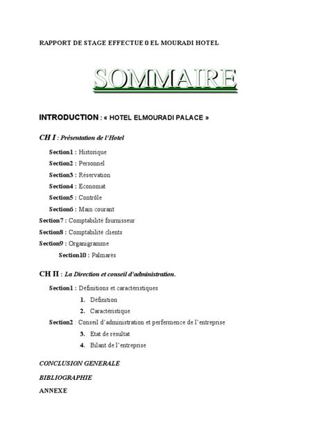 Rapport De Stage Effectue 0 El Mouradi Hotel