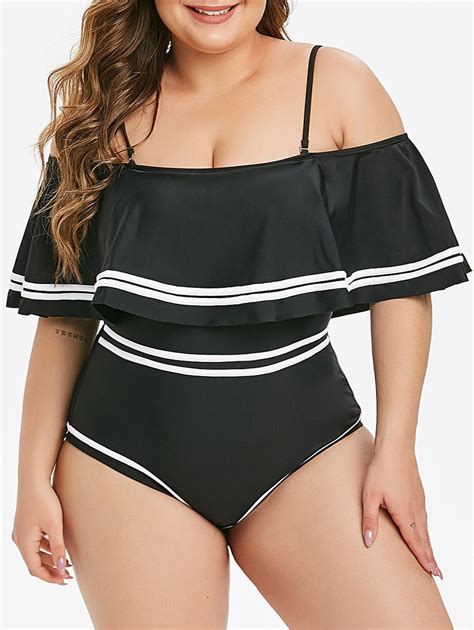 [29 Off] 2021 Plus Size Cold Shoulder Ruffled Striped One Piece Swimsuit In Black Dresslily