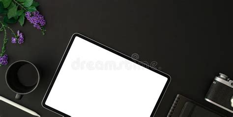 Top View Of Trendy Photographer Workplace With Blank Screen Tablet And