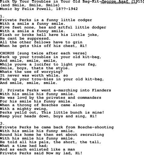 World War One Ww Era Song Lyrics For Pick Up Your Troubles In Your