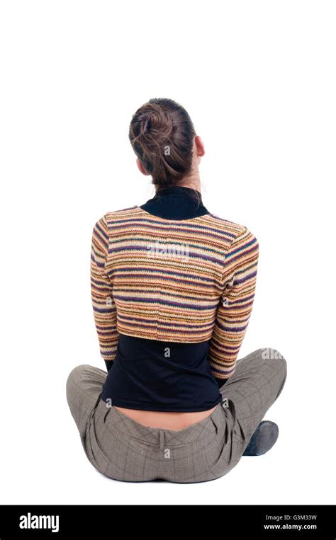 Sitting Young Woman Looks Afar Rear View Isolated Over White Stock