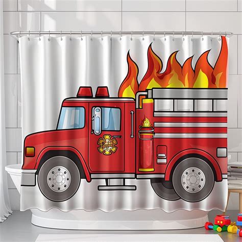 Kids Red Fire Truck Shower Curtain with Flames Vibrant Cartoon Style