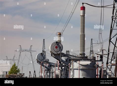 Electric Transformer With Isolators On Distributing Substation Blue