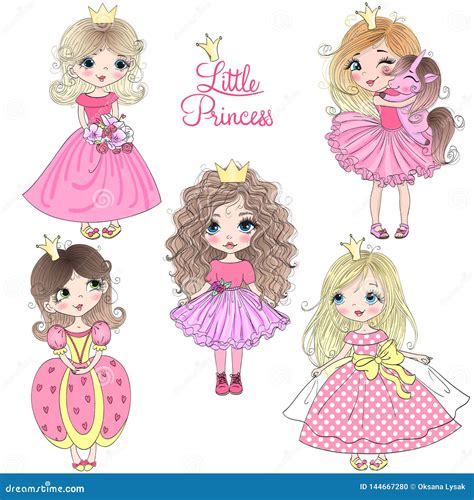 Hand Drawn Beautiful Cute Little Princess Girls With Unicorn Stock