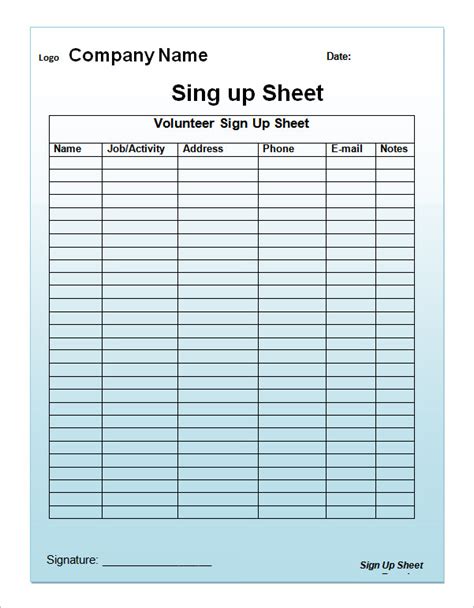 Sign Up Sheets Printable