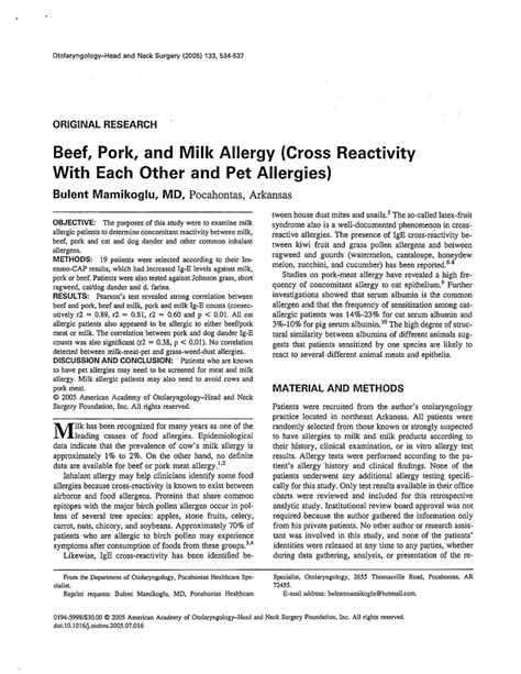 Pdf Beef Pork And Milk Allergy Cross Reactivity With Each Other