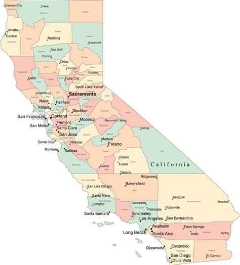 Multi Color California Map with Counties, Capitals, and Major Cities ...