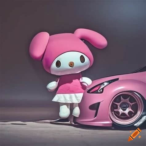 My Melody Sitting Next To A Pink Nissan 370z At Night