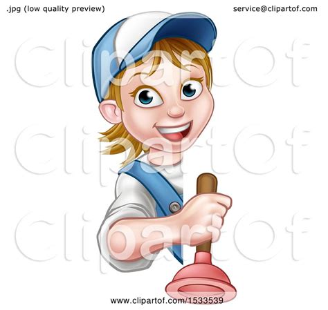 Clipart Of A Happy White Female Plumber Holding A Plunger Around A Sign