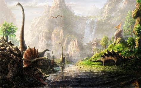 Dinosaurs Fantasy Art Triceratops River Cliff Wallpapers Hd