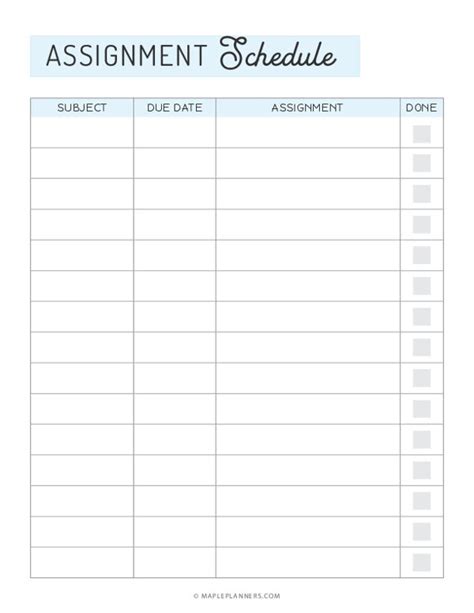 Printable Assignment Schedule Template