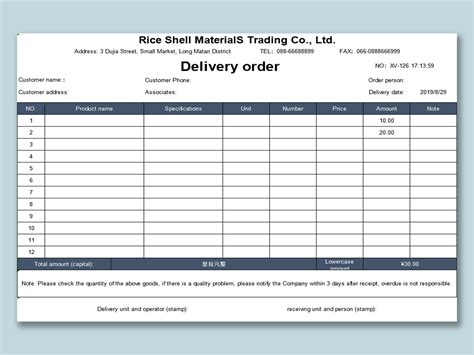 Excel Of Delivery Order Xlsx Wps Free Templates