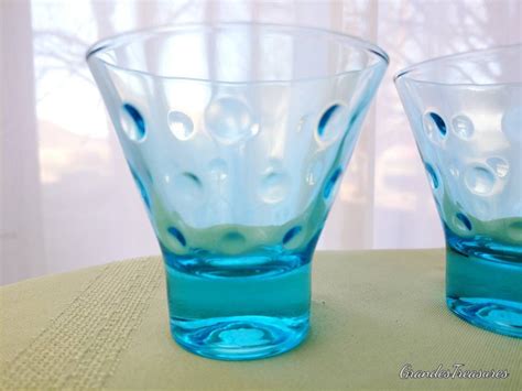 Vintage Bar Glasses Hazel Atlas Capri Dots Turquoise Blue Wiskey