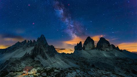 Dolomite Alps House Milky Way Stars Mountains Snow Italy Hd