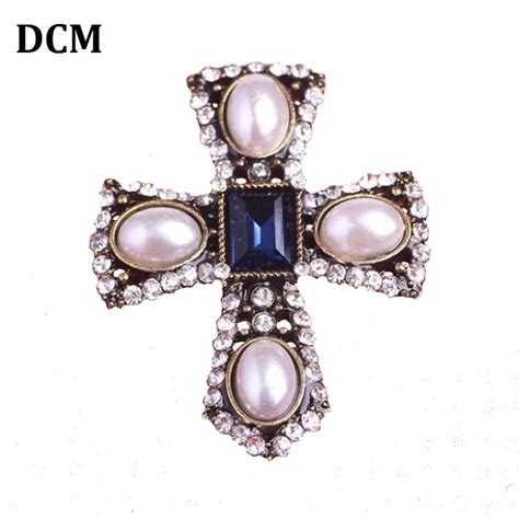 Dcm Brand Pearl Crystal Cross Brooch Accessories Chains Broches Cross Tassel Alloy Brooch For