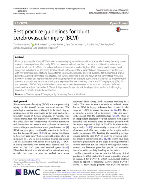 Pdf Best Practice Guidelines For Blunt Cerebrovascular Injury Bcvi